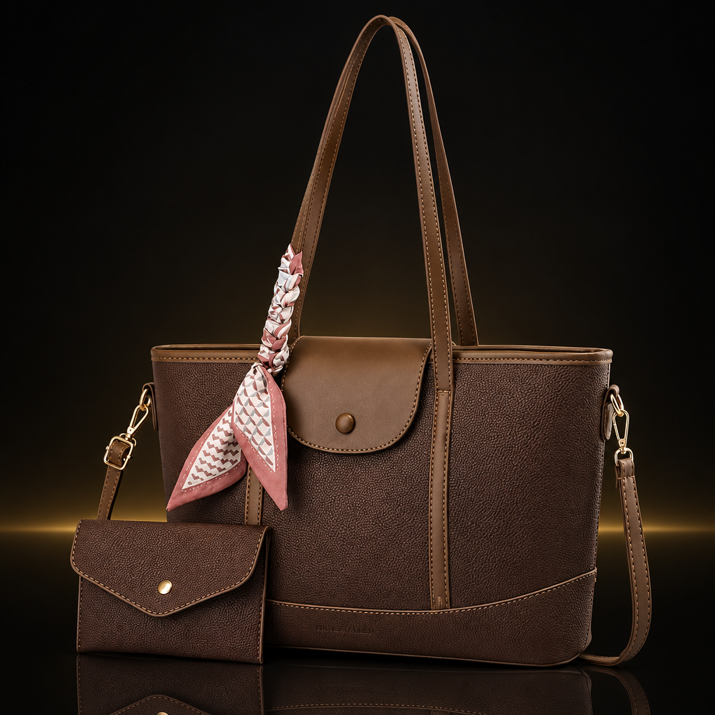 Brown tote set with subtle gold and mirror reflection