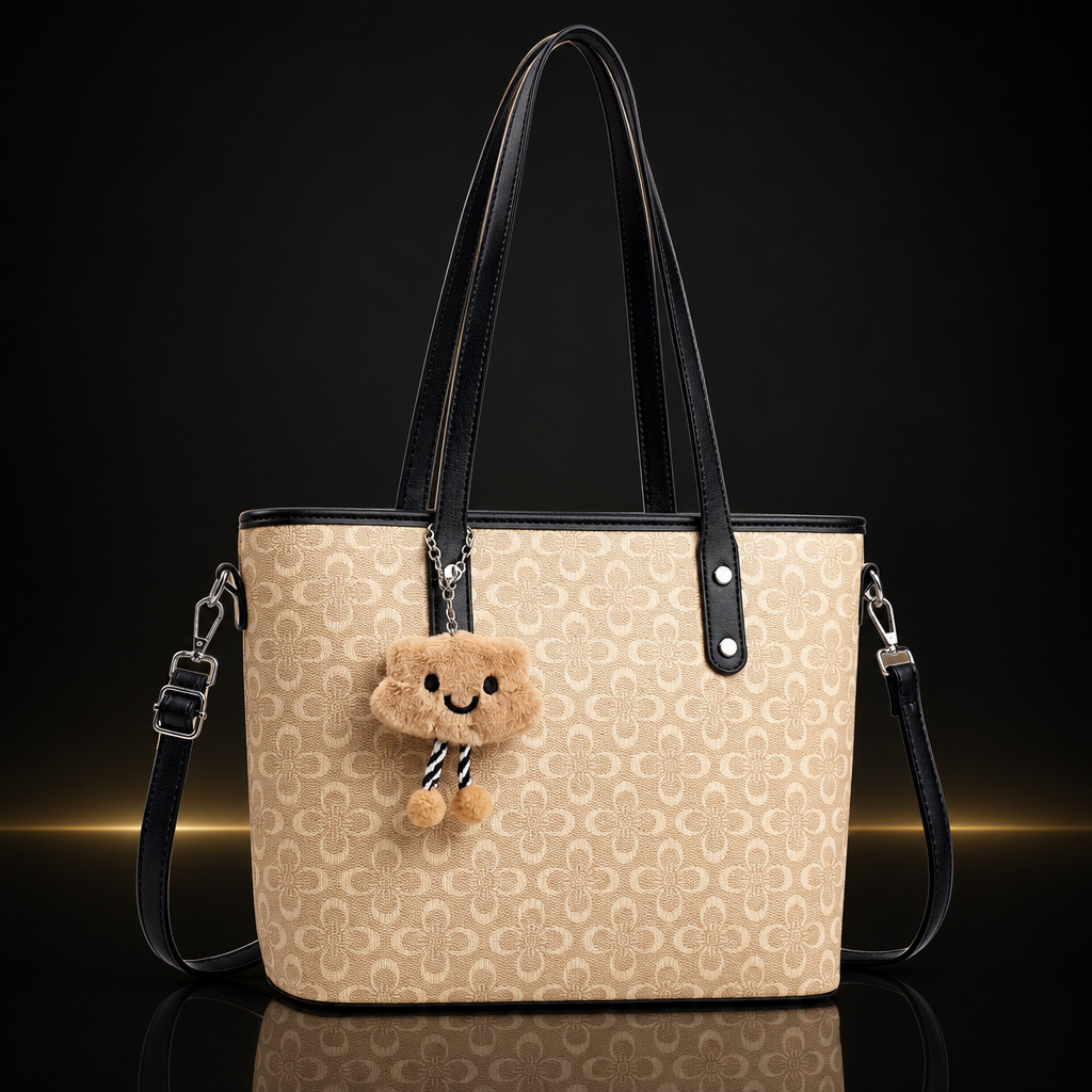Cream and tan floral tote with subtle gold and mirror reflection