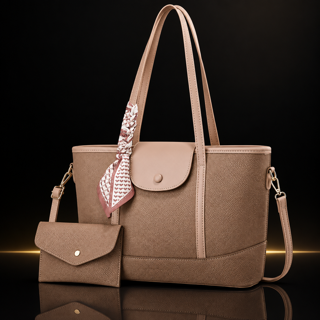 Cream tote set with subtle gold and mirror reflection