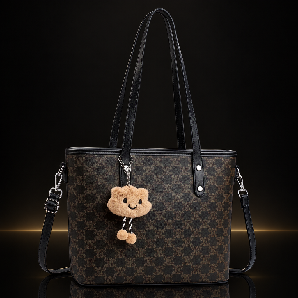 Dark brown floral tote with subtle gold and mirror reflection