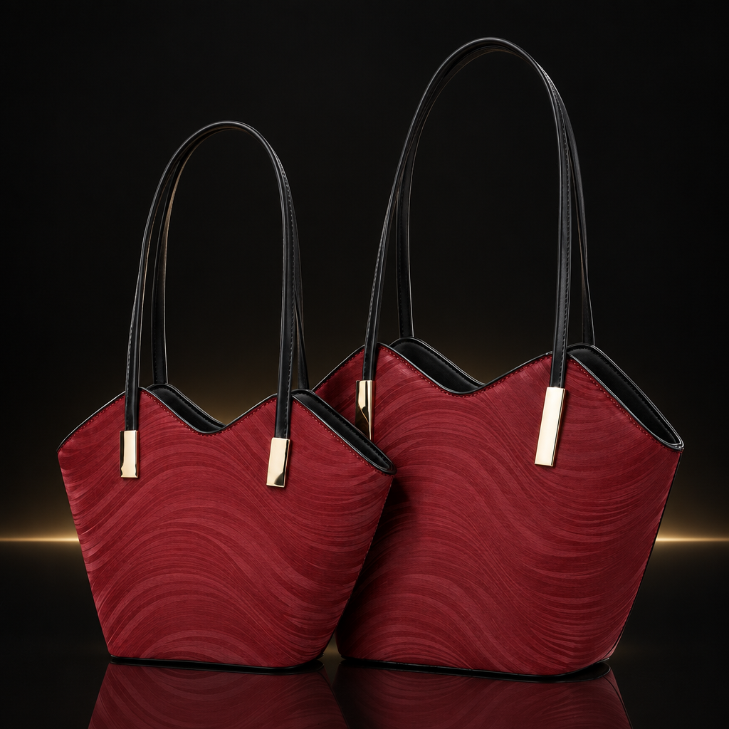 Brown Wavecrest Duo Tote on a near-black background with subtle gold and mirror reflection