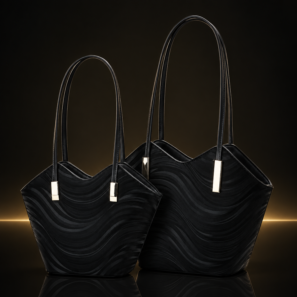 Black Wavecrest Duo Tote on a near-black background with subtle gold and mirror reflection