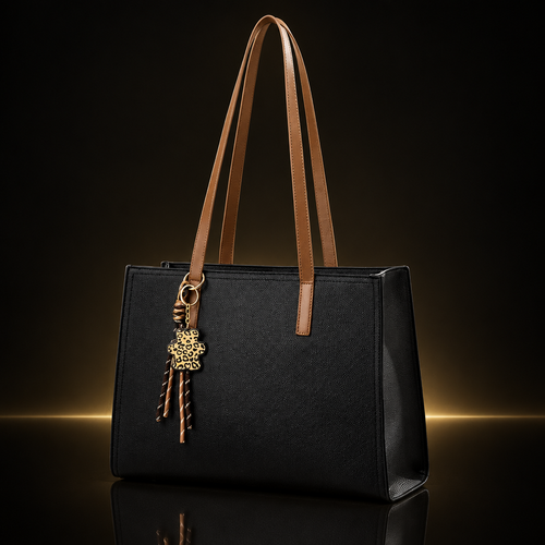Tan Charmline Tote on a near-black background with subtle gold and mirror reflection