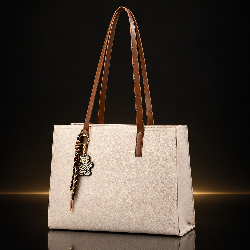 Cream Charmline Tote on a near-black background with subtle gold and mirror reflection