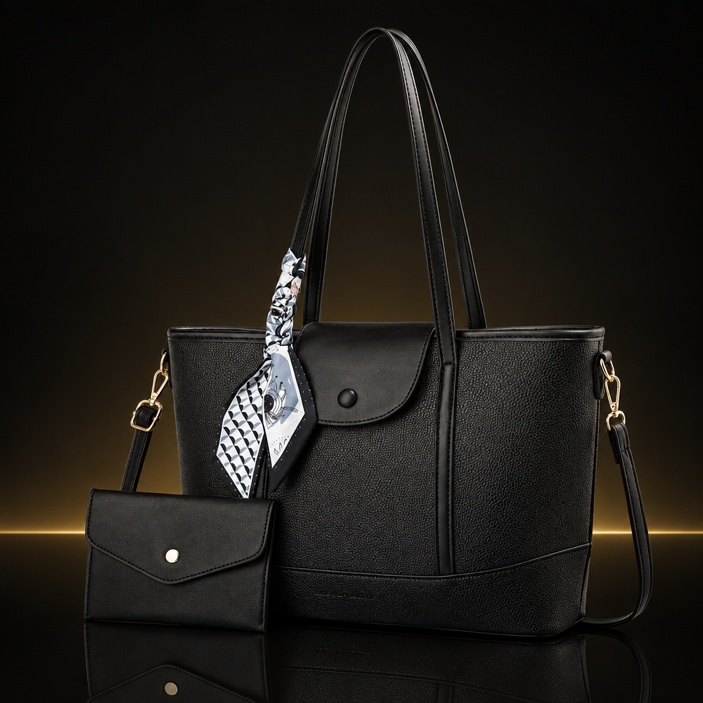 Black Eclipse Charm Tote Set on a near-black background with subtle gold and mirror reflection