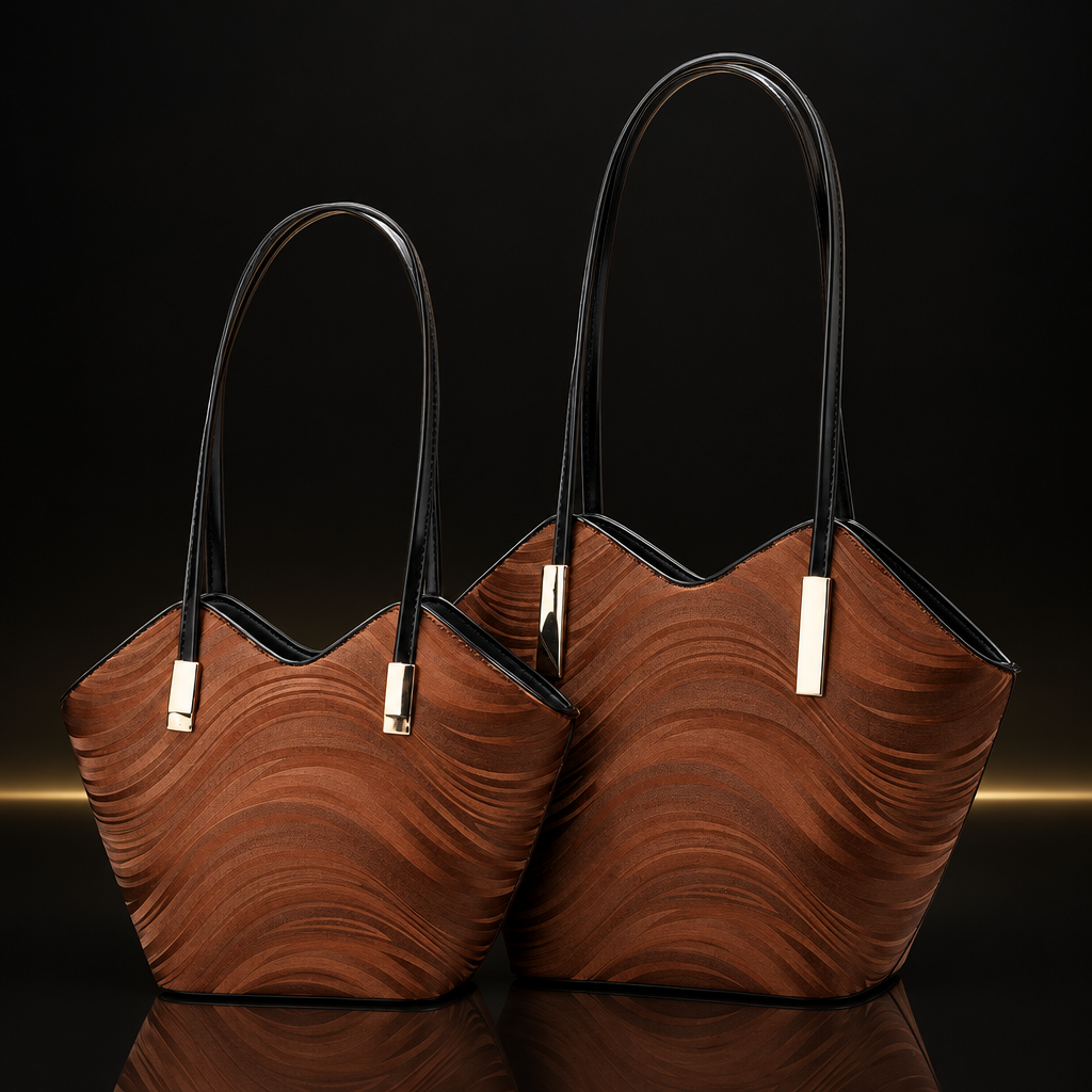 Red Wavecrest Duo Tote on a near-black background with subtle gold and mirror reflection