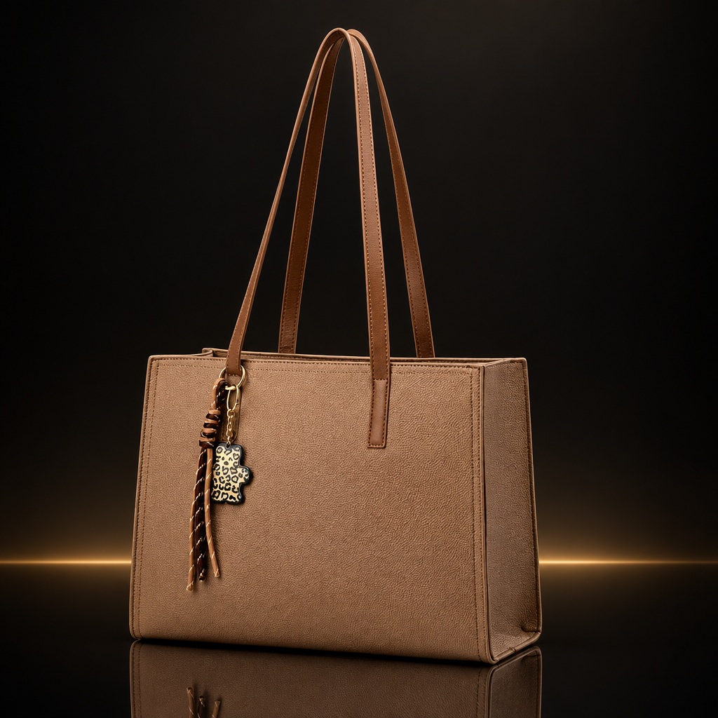 Black Charmline Tote on a near-black background with subtle gold and mirror reflection