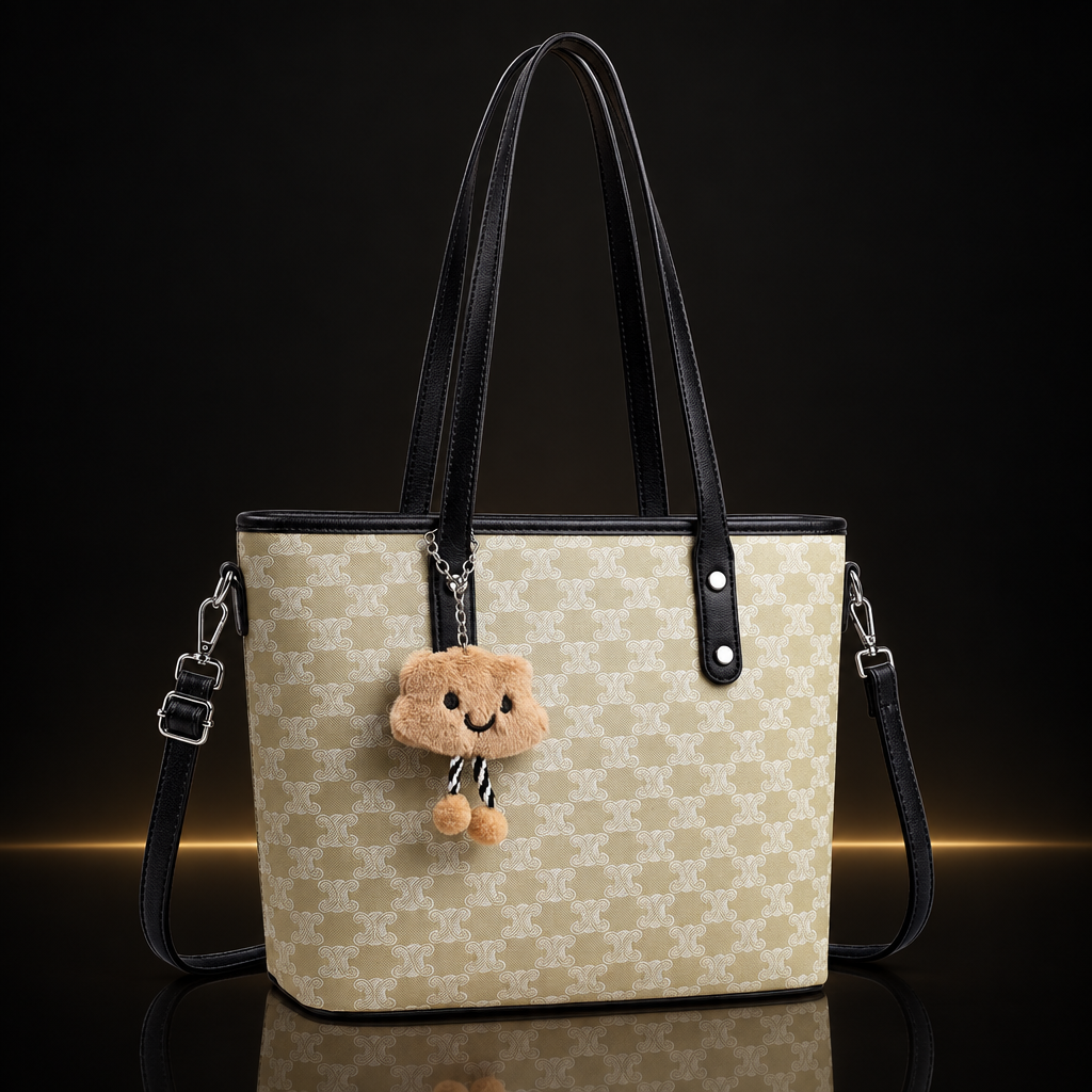 Light beige floral tote with subtle gold and mirror reflection