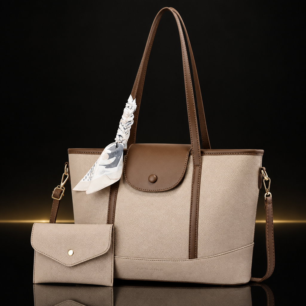 Taupe tote set with subtle gold and mirror reflection