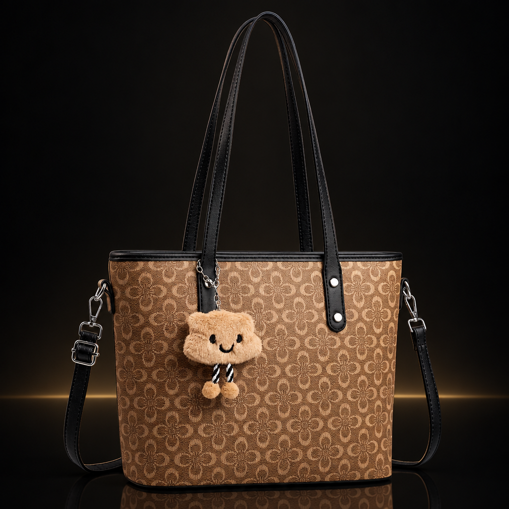 Warm brown floral tote with subtle gold and mirror reflection